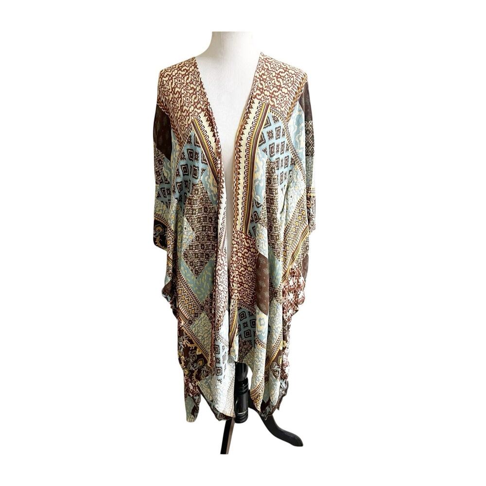 Easel Women’s Patchwork Kimono Multipattern Size Small Ethnic Oversized Brown